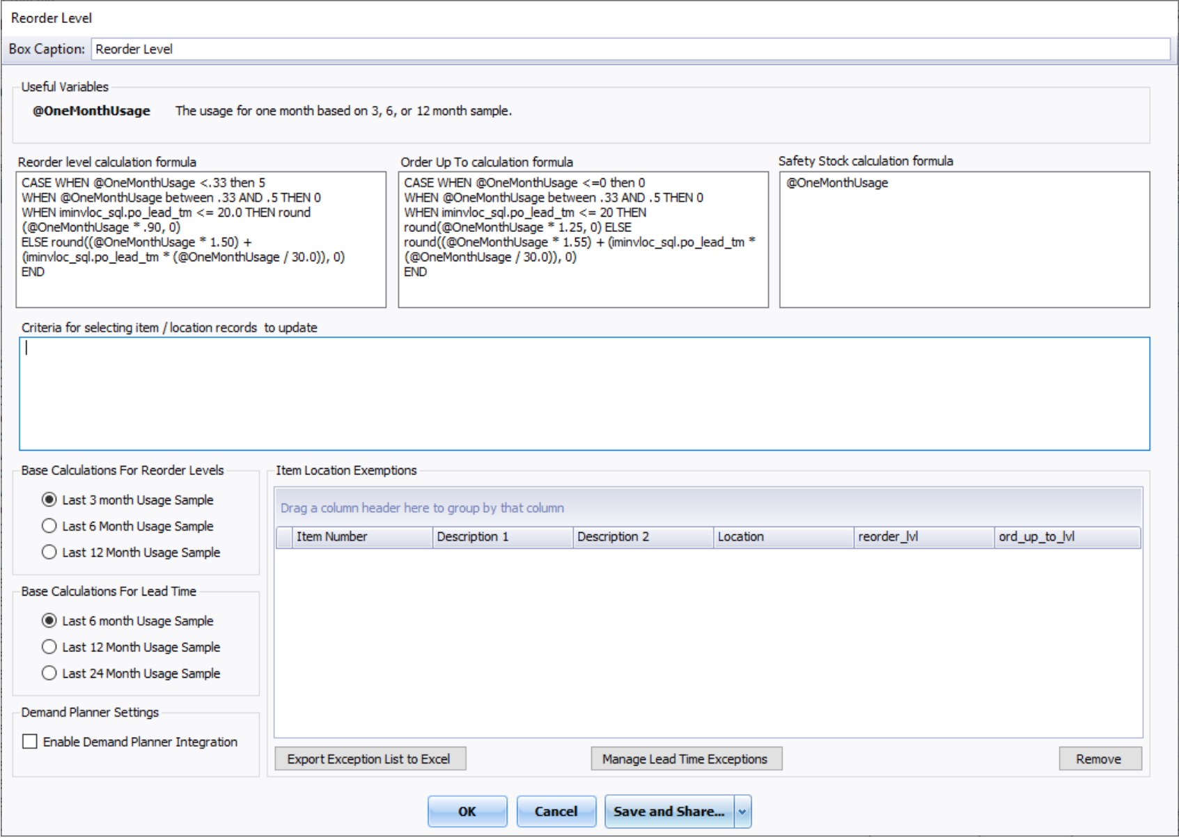 PULSE Inventory RECALC reorder level